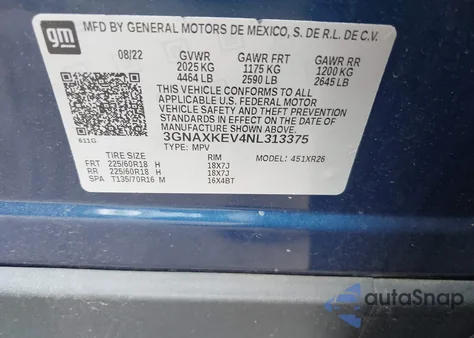 2022 Chevrolet Equinox Fwd Lt из США, поврежденный, VIN 3GNAXKEV4NL313375